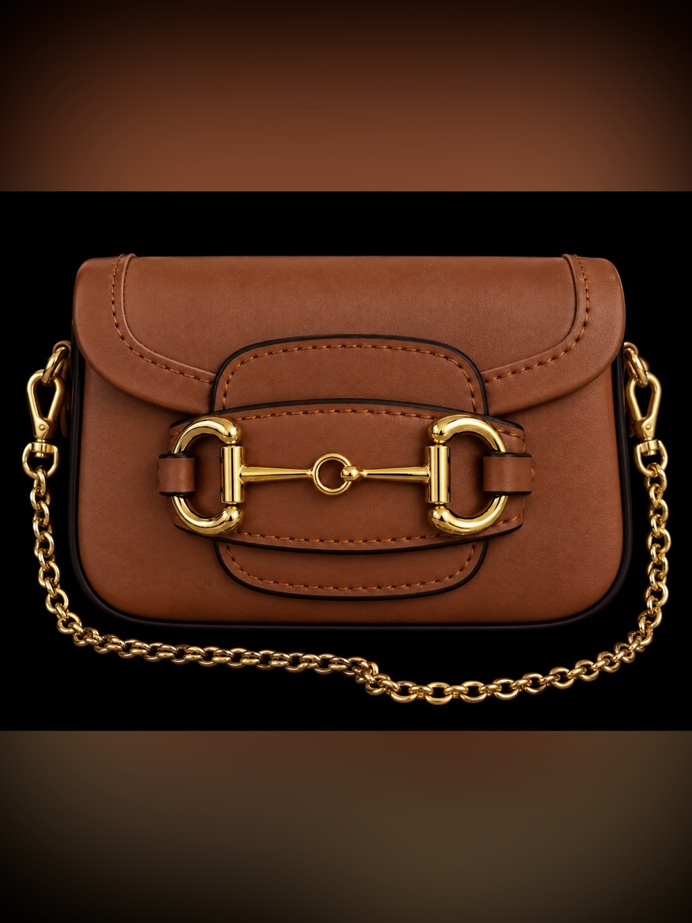Brown Leather Like mini chain purse with Gold Horsebit Chain